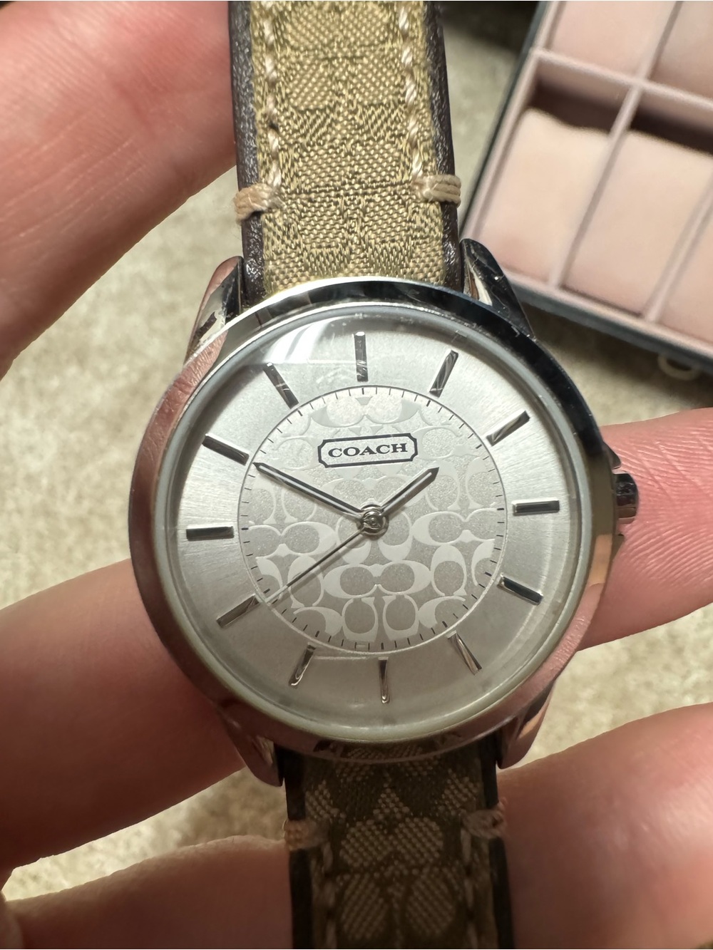 COACH Silver Dial Watch with Tan Canvas Signature Strap